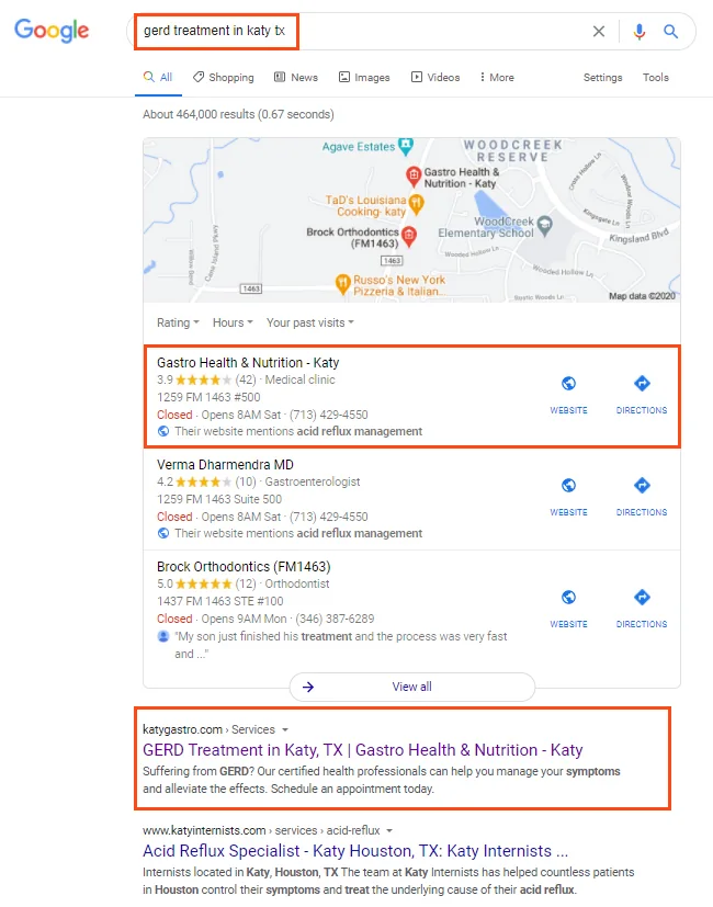 Google search results for GERD treatment in Katy, TX showing Gastro Health & Nutrition ranking in the local pack